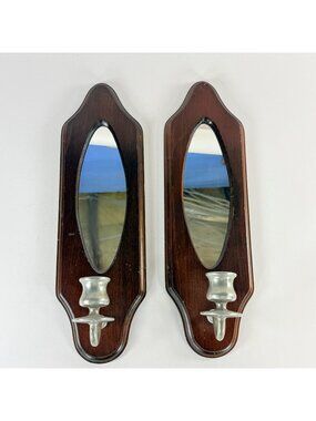 Vintage Wood Wall Sconces W/ Mirrors & Metal Candle Holders Rustic Decor Pair